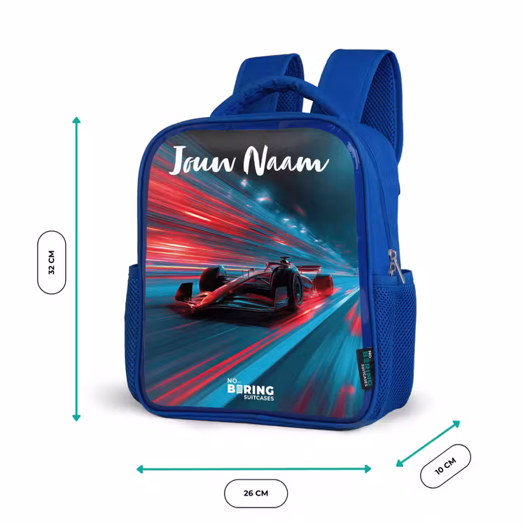Kinderrugzak met naam - Blauw - Formule 1 - Raceauto - Rood - Neonverlichting — 5