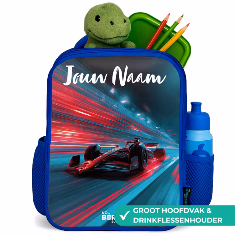 Kinderrugzak met naam - Blauw - Formule 1 - Raceauto - Rood - Neonverlichting — 6