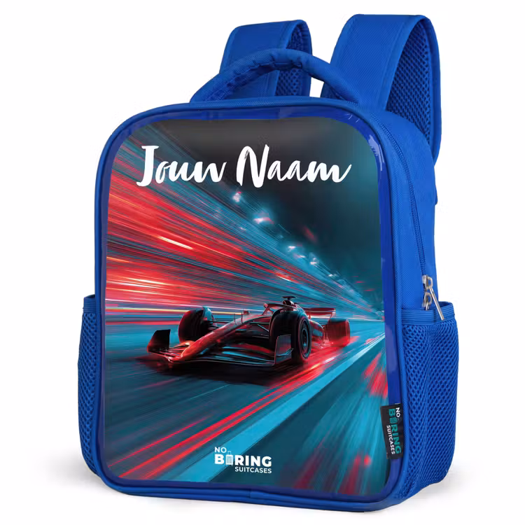 Kinderrugzak met naam - Blauw - Formule 1 - Raceauto - Rood - Neonverlichting — 7