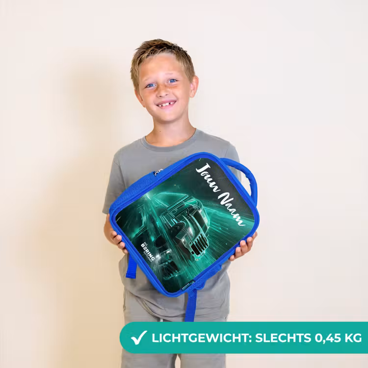 Kinderrugzak met naam - Blauw - Vrachtwagen - Stad - Groen - Neon β 2