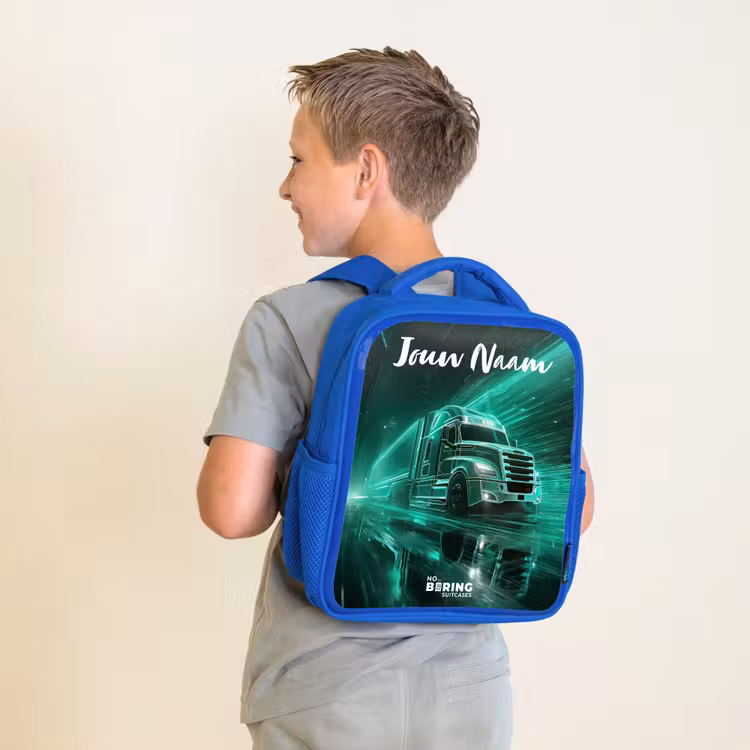 Kinderrugzak met naam - Blauw - Vrachtwagen - Stad - Groen - Neon β 3