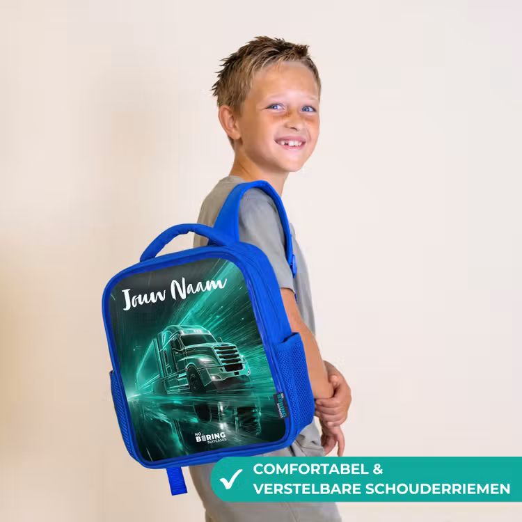 Kinderrugzak met naam - Blauw - Vrachtwagen - Stad - Groen - Neon β 4