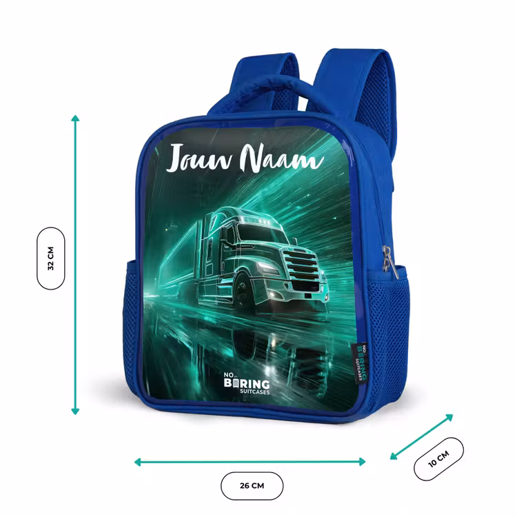 Kinderrugzak met naam - Blauw - Vrachtwagen - Stad - Groen - Neon β 5