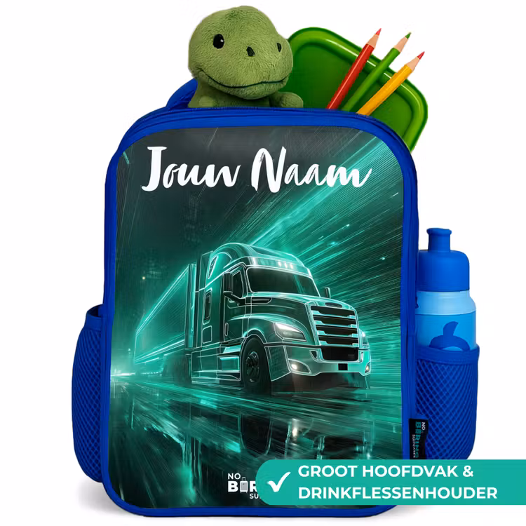 Kinderrugzak met naam - Blauw - Vrachtwagen - Stad - Groen - Neon β 6