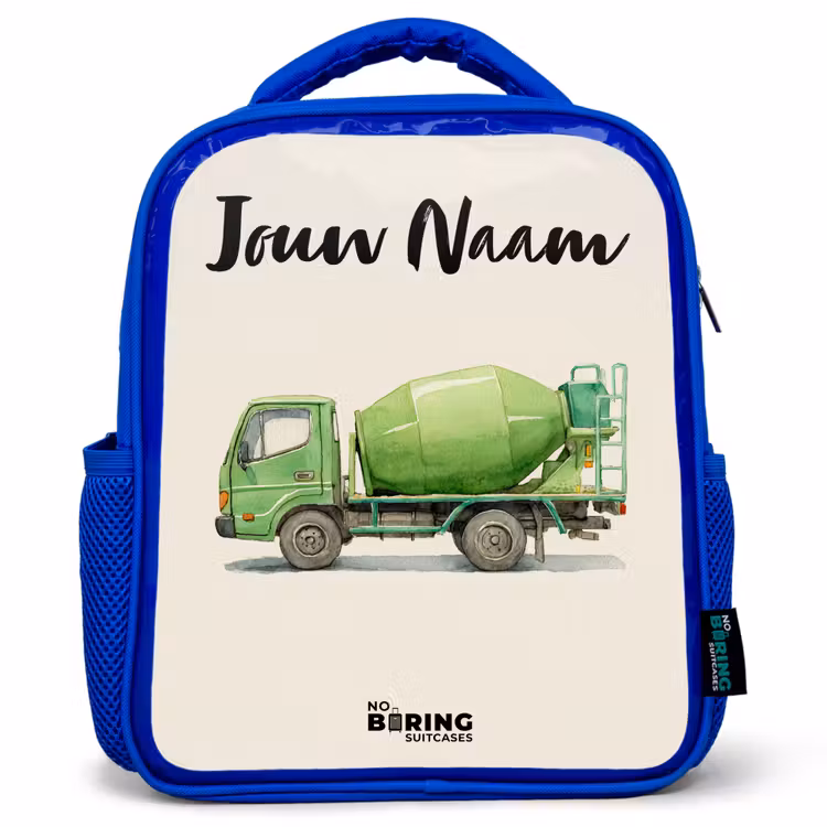 Kinderrugzak met naam - Blauw - Betonmixer - Getekend - Groen — 1