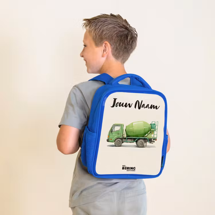 Kinderrugzak met naam - Blauw - Betonmixer - Getekend - Groen — 3