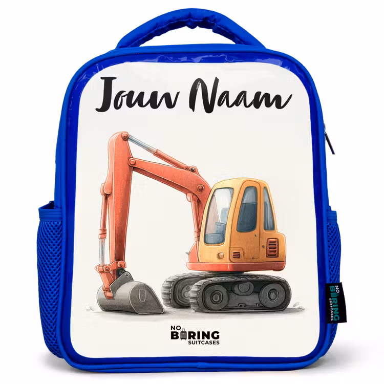 Kinderrugzak met naam - Blauw - Graafmachine - Getekend - Oranje — 1