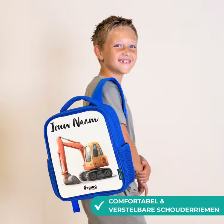 Kinderrugzak met naam - Blauw - Graafmachine - Getekend - Oranje — 4