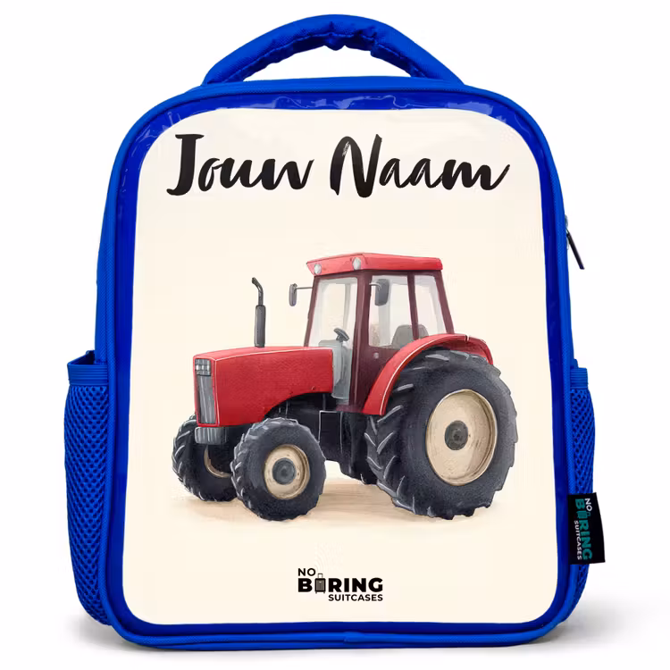 Kinderrugzak met naam - Blauw - Tractor - Getekend - Rood — 1