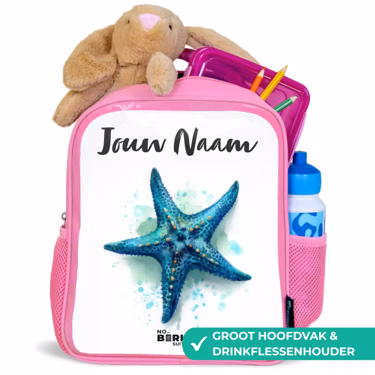 Kinderrugzak met naam - Roze - Blauwe Zeester op Witte Achtergrond — 2
