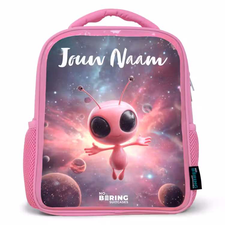 Kinderrugzak met naam - Roze - Roze Alien in Sterrennevel — 1