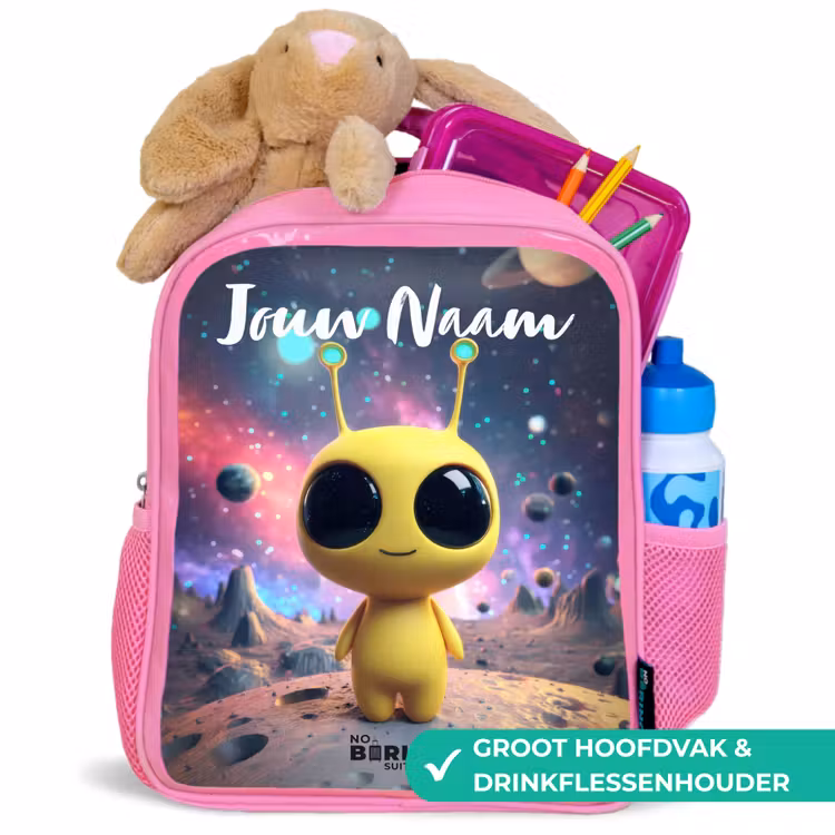 Kinderrugzak met naam - Roze - Vrolijk buitenaards wezentje — 2