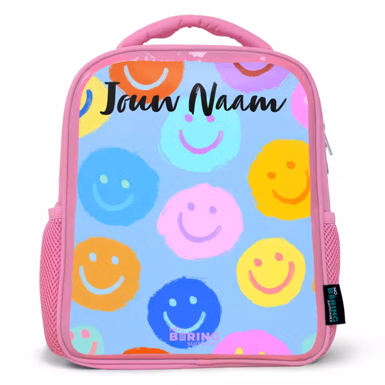 Kinderrugzak met naam - Roze - Vrolijk patroon van smileys — 1