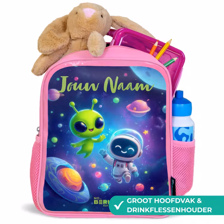 Kinderrugzak met naam - Roze - Vrolijke Ontmoeting in de Ruimte — 2