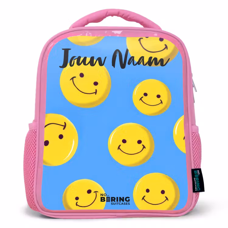 Kinderrugzak met naam - Roze - Vrolijke smileyregen β 1