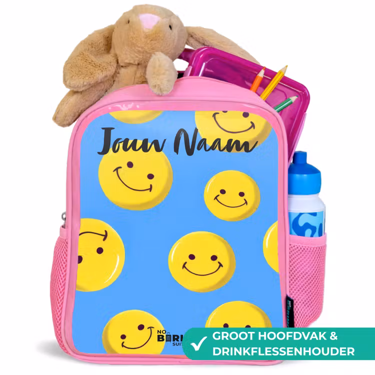 Kinderrugzak met naam - Roze - Vrolijke smileyregen β 2