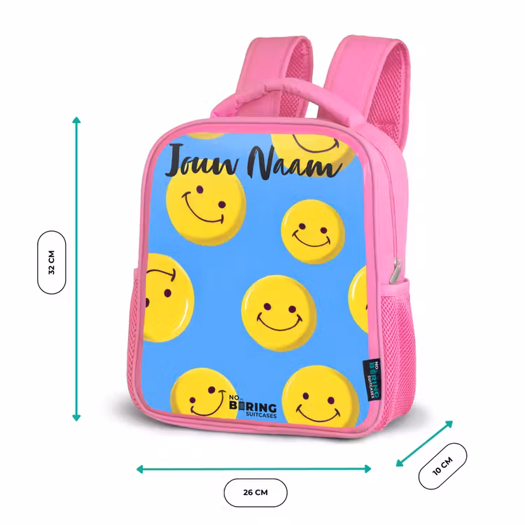 Kinderrugzak met naam - Roze - Vrolijke smileyregen β 3