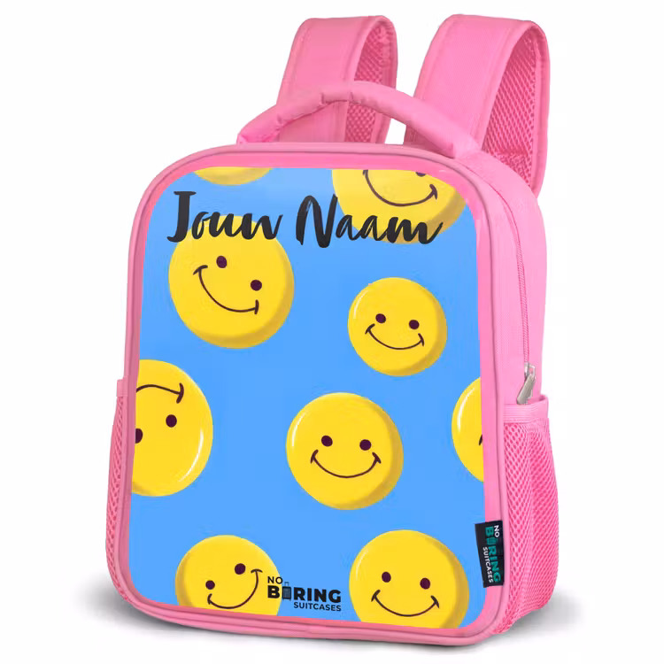 Kinderrugzak met naam - Roze - Vrolijke smileyregen β 4