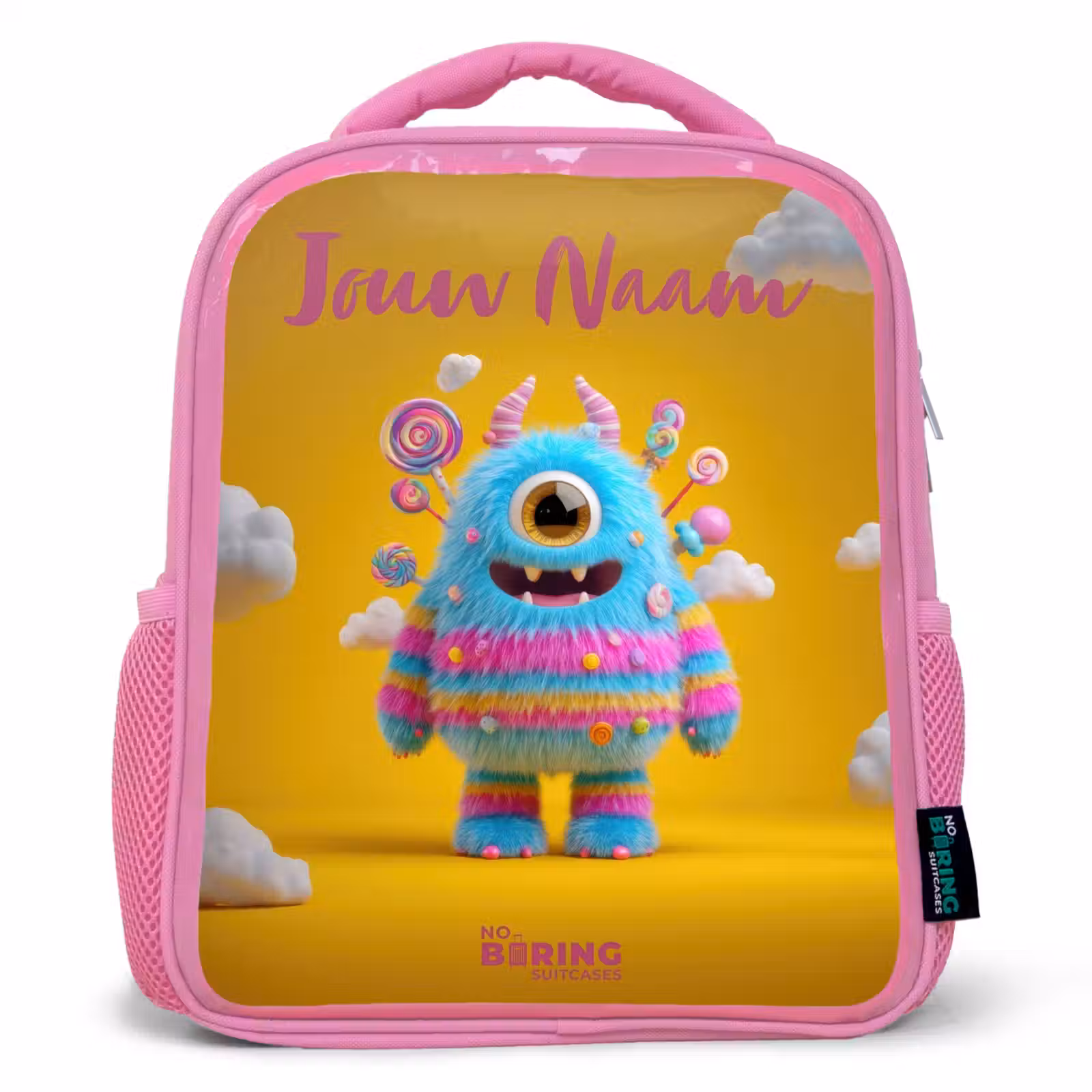 Kinderrugzak met naam - Roze - Snoep - Monster - Regenboog â 1