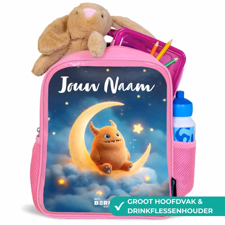 Kinderrugzak met naam - Roze - Oranje monster op maansikkel — 2