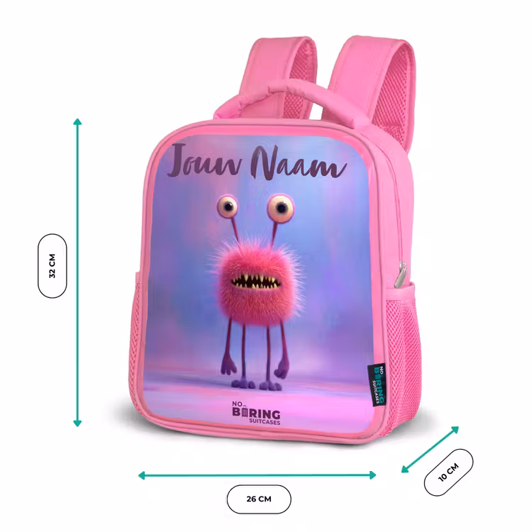Kinderrugzak met naam - Roze - Roze harig monster met grote ogen β 3