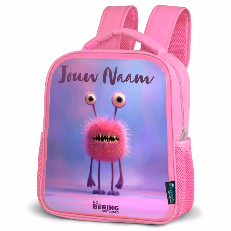 Kinderrugzak met naam - Roze - Roze harig monster met grote ogen β 4
