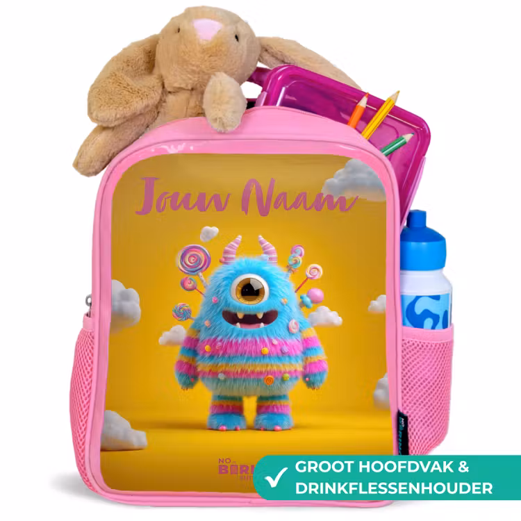 Kinderrugzak met naam - Roze - Snoep - Monster - Regenboog â 2