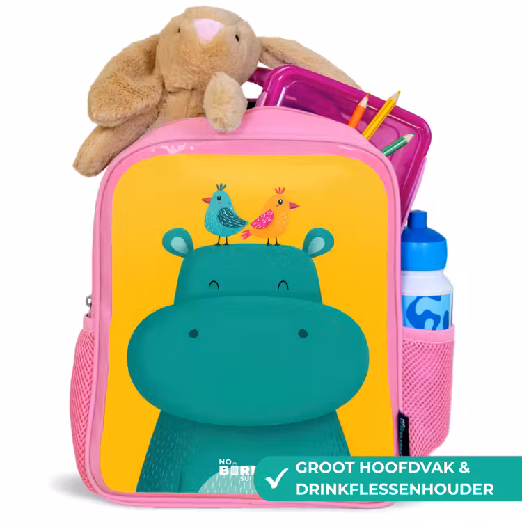Kinderrugzak - Roze - Nijlpaard - Vogels - Geel â 2