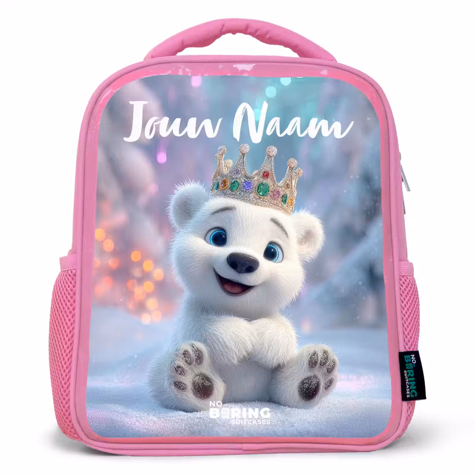 Kinderrugzak met naam - Roze - Ijsbeer - Kroon - Winter — 1