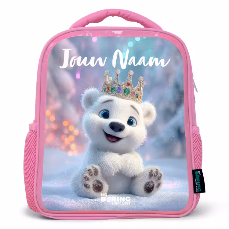 Kinderrugzak met naam - Roze - Ijsbeer - Kroon - Winter — 1