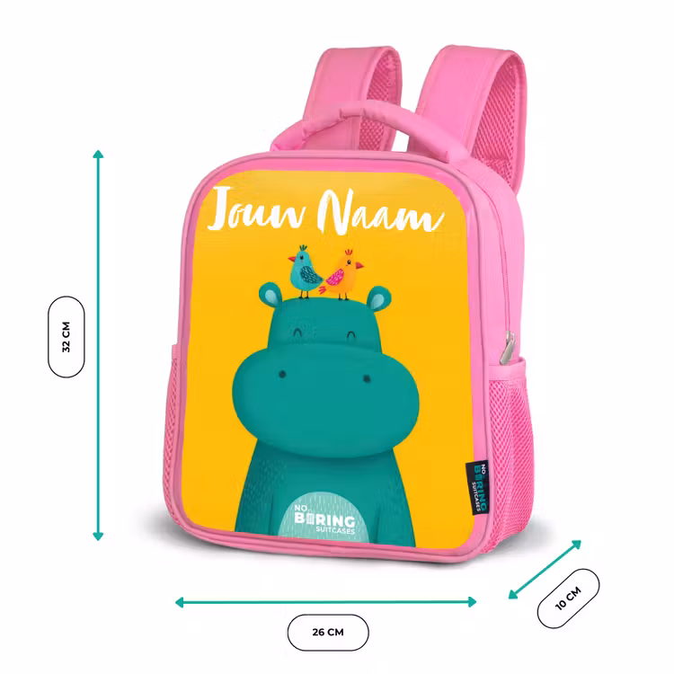 Kinderrugzak met naam - Roze - Nijlpaard - Vogels - Geel â 3