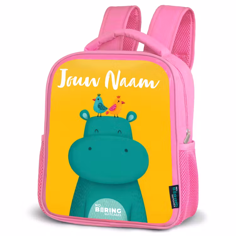 Kinderrugzak met naam - Roze - Nijlpaard - Vogels - Geel â 4