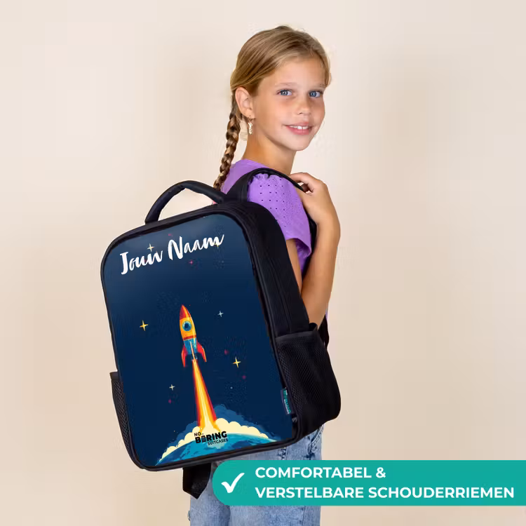 Kinderrugzak met naam - Zwart - Planeet - Raket - Sterren - Donkerblauw β 3