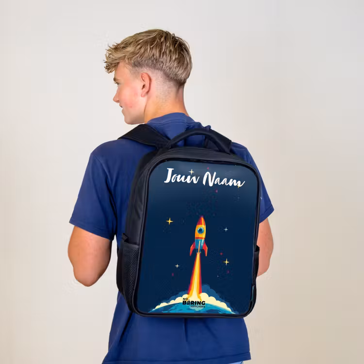 Kinderrugzak met naam - Zwart - Planeet - Raket - Sterren - Donkerblauw β 6