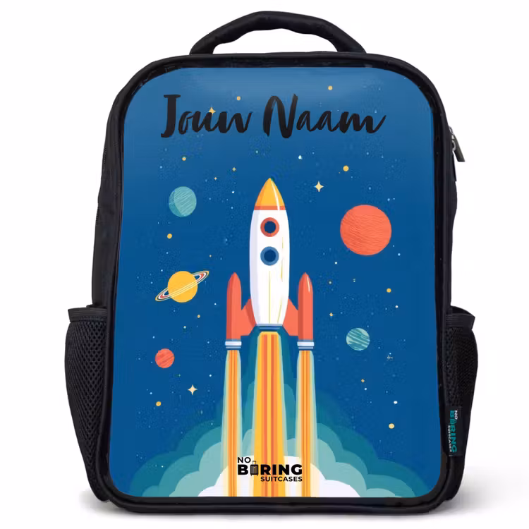 Kinderrugzak met naam - Zwart - Raket - Planeet - Sterren - Veelkleurig — 1