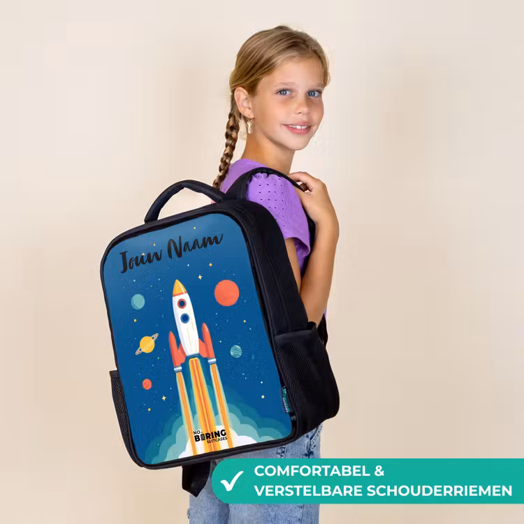 Kinderrugzak met naam - Zwart - Raket - Planeet - Sterren - Veelkleurig — 3