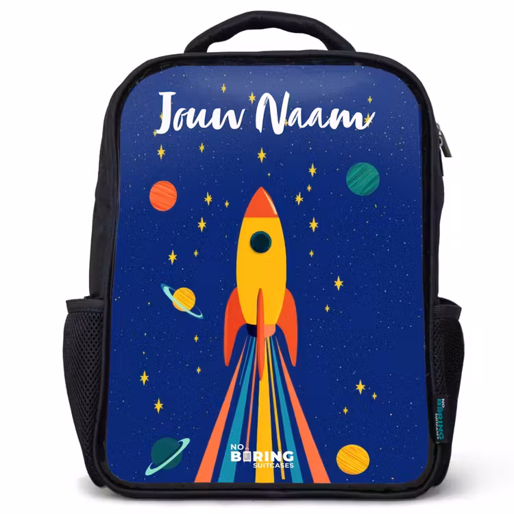 Kinderrugzak met naam - Zwart - Raket - Sterren - Planeet - Ruimte — 1