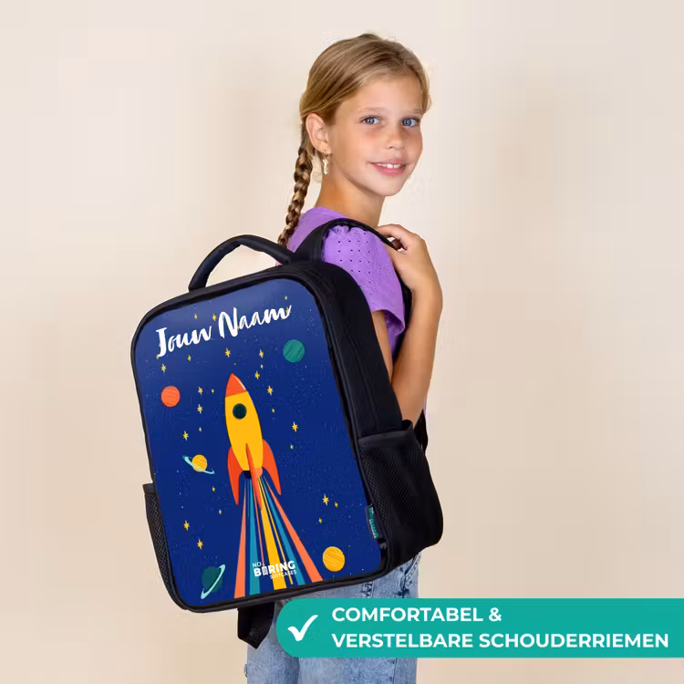 Kinderrugzak met naam - Zwart - Raket - Sterren - Planeet - Ruimte — 3
