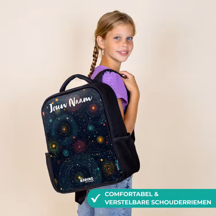 Kinderrugzak met naam - Zwart - Sterren - Planeten - Kleurrijk — 3