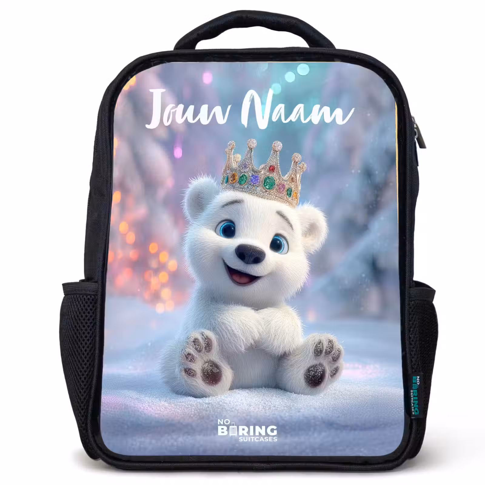 Kinderrugzak met naam - Zwart - Ijsbeer - Kroon - Winter — 1