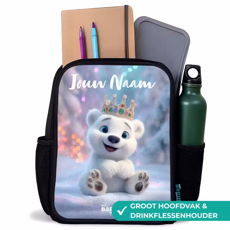 Kinderrugzak met naam - Zwart - Ijsbeer - Kroon - Winter — 4