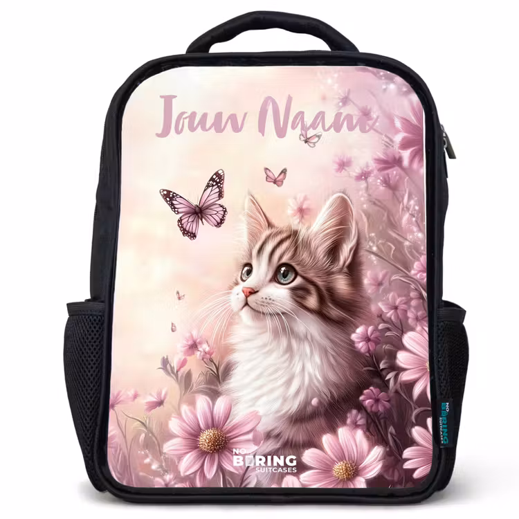 Kinderrugzak met naam - Zwart - Kitten - Vlinders - Paars - Bloemen — 1
