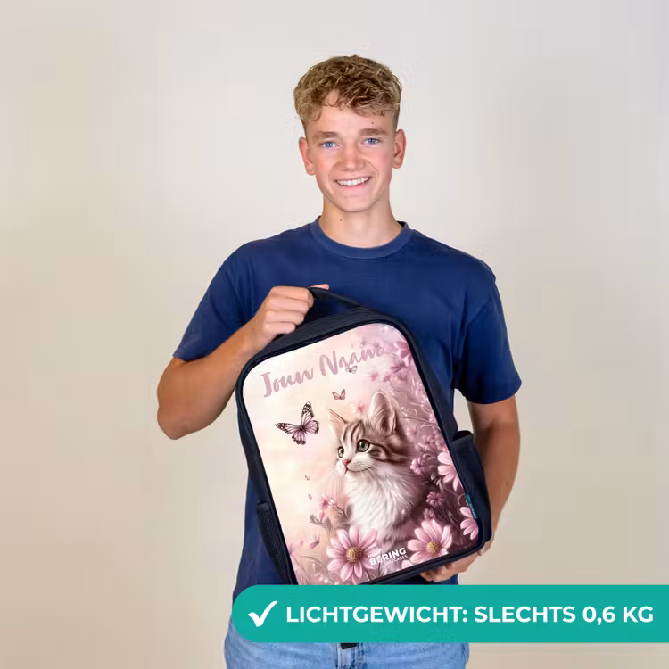 Kinderrugzak met naam - Zwart - Kitten - Vlinders - Paars - Bloemen — 2