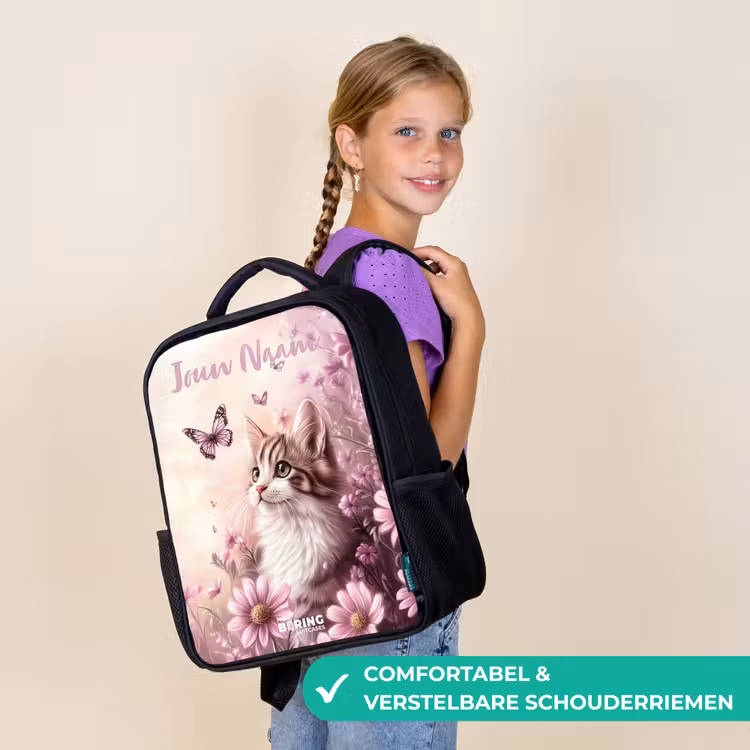 Kinderrugzak met naam - Zwart - Kitten - Vlinders - Paars - Bloemen — 3