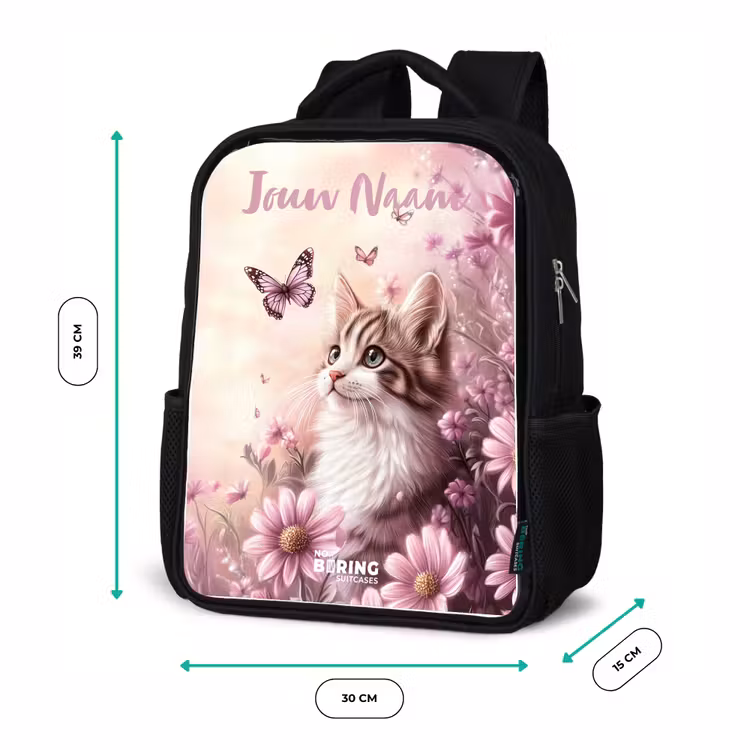 Kinderrugzak met naam - Zwart - Kitten - Vlinders - Paars - Bloemen — 5