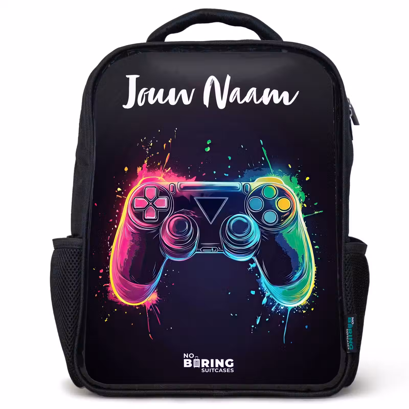 Kinderrugzak met naam - Zwart - Neon - Controller - Verfspatten - Game β 1