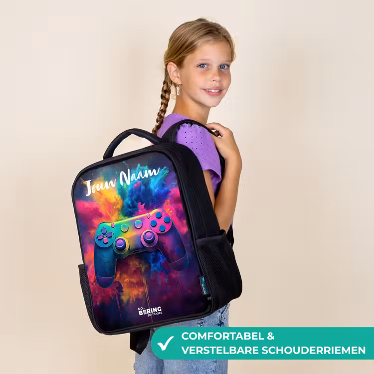 Kinderrugzak met naam - Zwart - Game - Controller - Kleurrijk - Explosie — 3