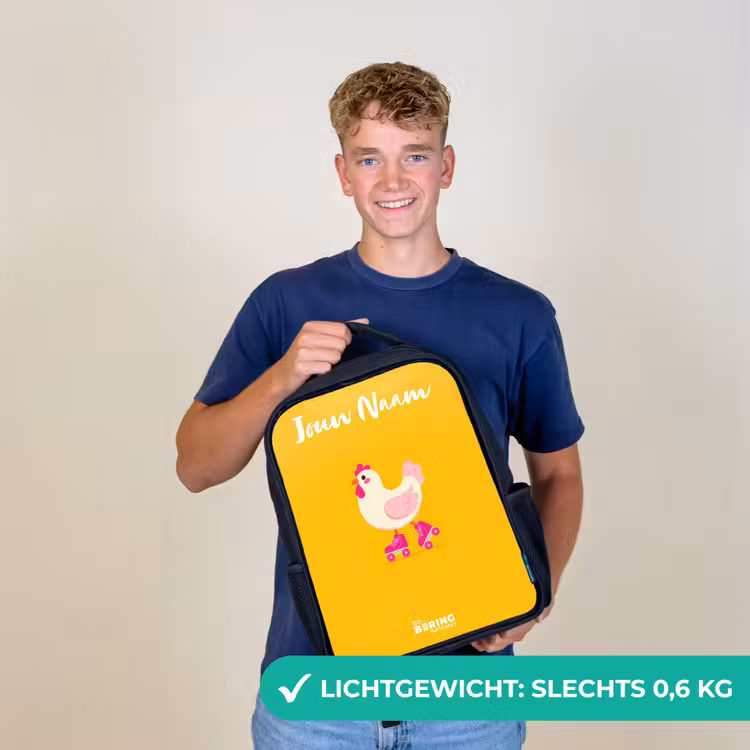 Kinderrugzak met naam - Zwart - Kip - Rolschaatsen - Geel — 2