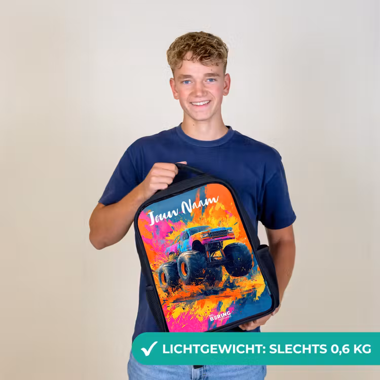 Kinderrugzak met naam - Zwart - Monstertruck - Abstract - Verfspatten - Kleurrijk — 2