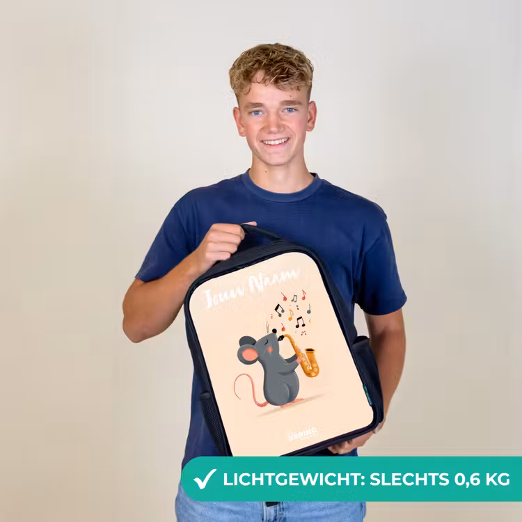 Kinderrugzak met naam - Zwart - Muis - Saxofoon - Muziek — 2
